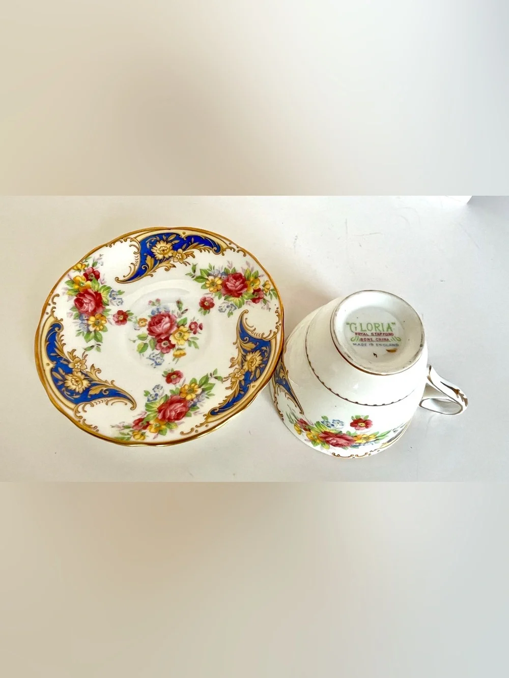Royal Stafford 'Gloria' Floral Bone China Vintage 1950s Demitasse Cup Gold Trim